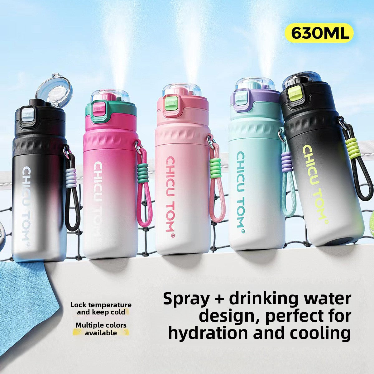 Spray Water Bottle with Mist Cooler Stainless Steel Insulated Flask 630ml