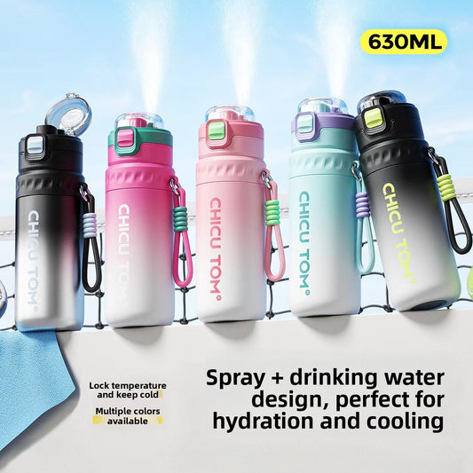 Spray Water Bottle with Mist Cooler Stainless Steel Insulated Flask 630ml