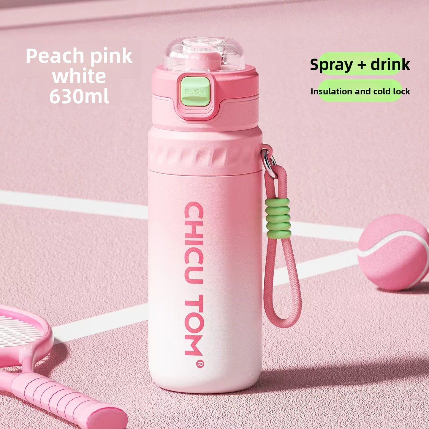 Spray Water Bottle with Mist Cooler Stainless Steel Insulated Flask 630ml