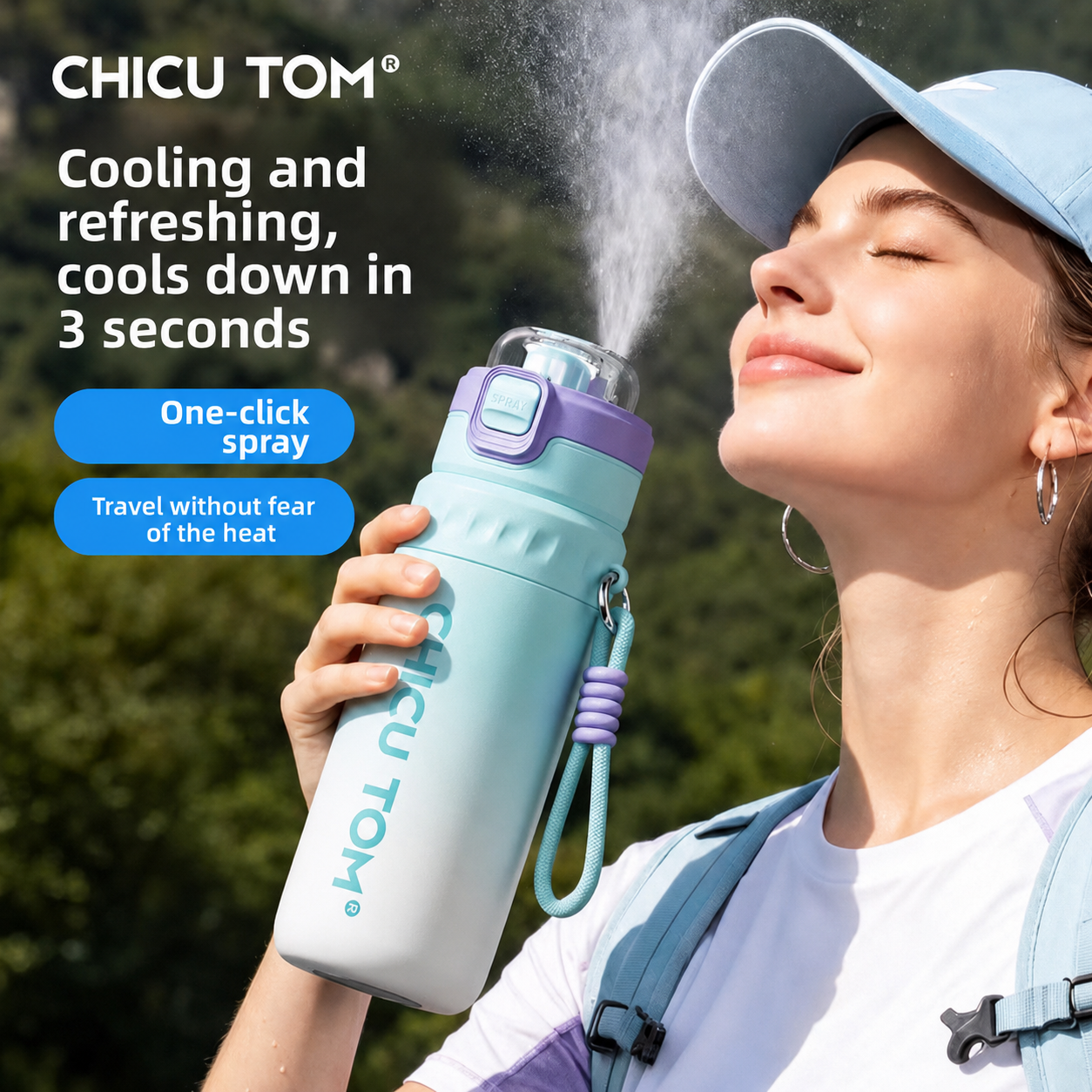 Spray Water Bottle with Mist Cooler Stainless Steel Insulated Flask 630ml